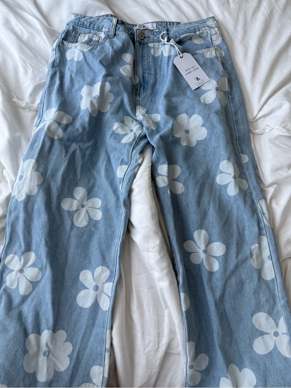 Light Blue Floral Wide-Leg Jeans - Unbranded